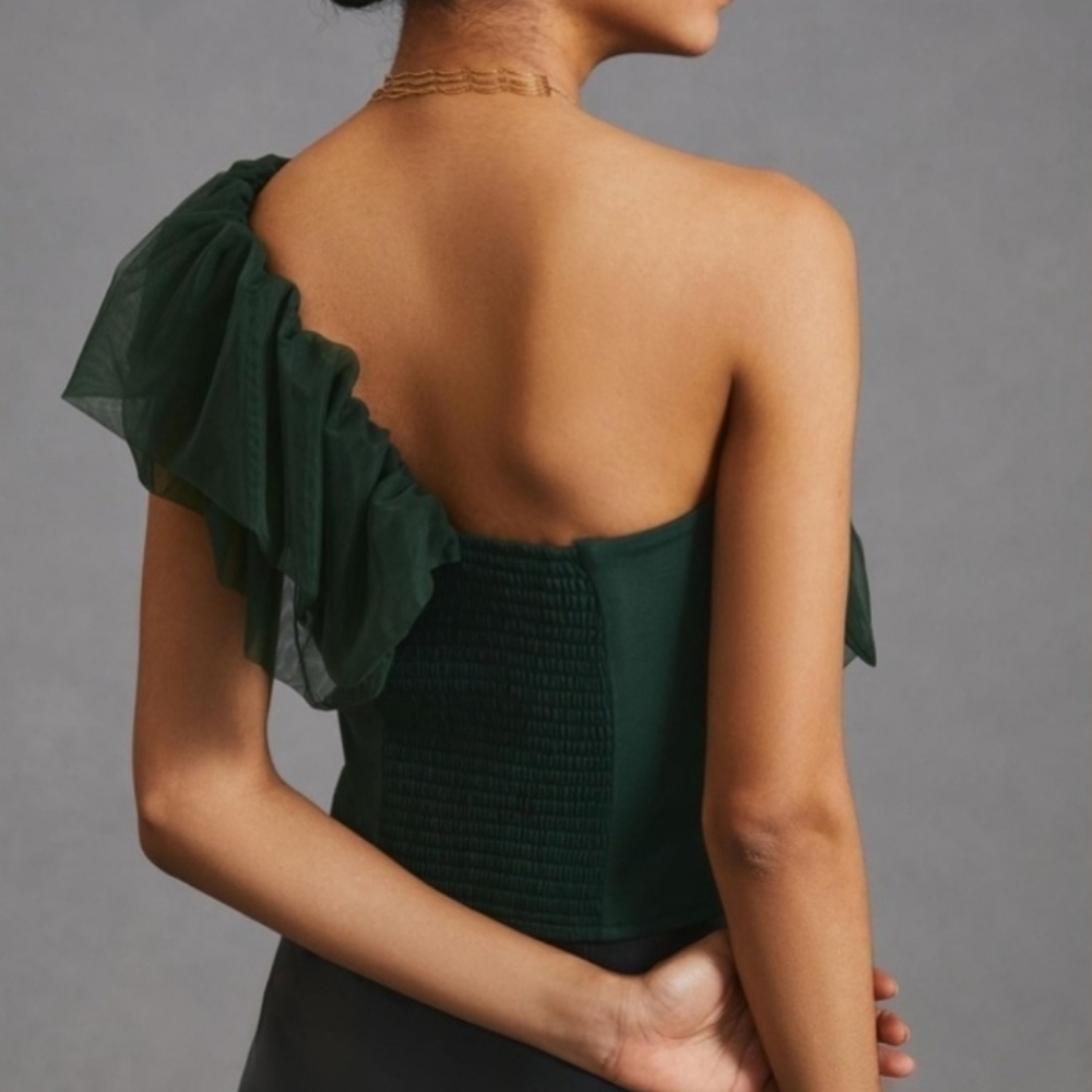 SUNDAY IN BROOKLYN One-Shoulder TOP Smocked Back Front Ruffle Green medium EUC - Picture 4 of 13